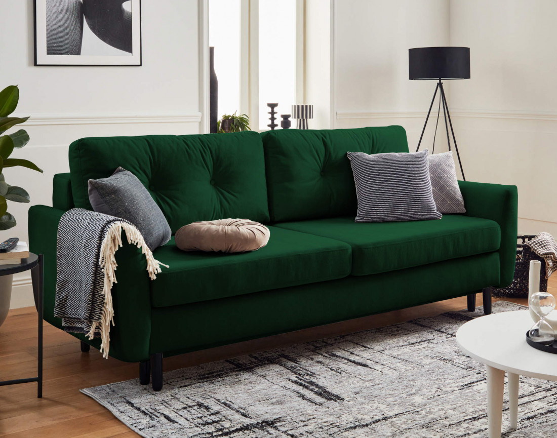 Canapé droit 3 places convertible avec coffre de rangement en velours Nils