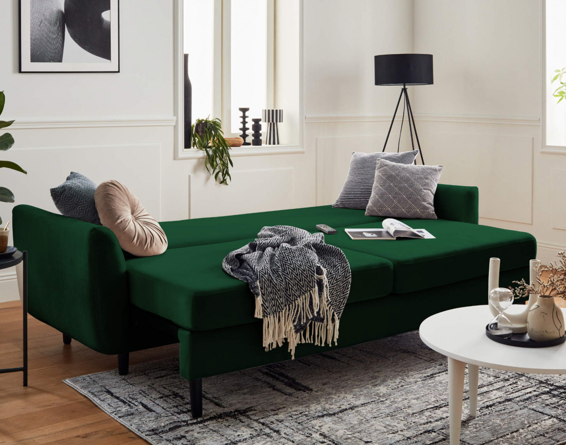 Canapé droit 3 places convertible avec coffre de rangement en velours Nils