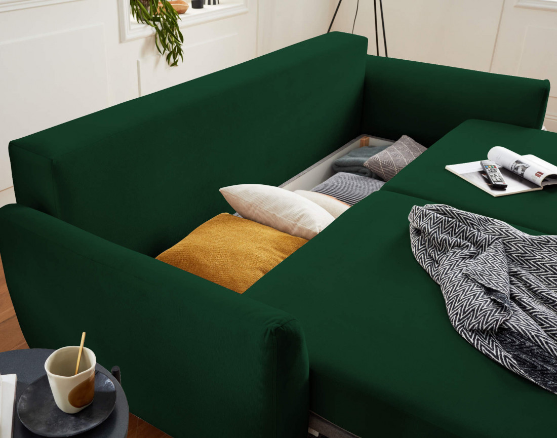 Canapé droit 3 places convertible avec coffre de rangement en velours Nils