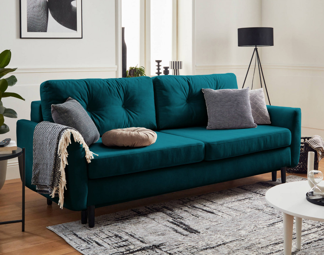 Canapé droit 3 places convertible avec coffre de rangement en velours Nils