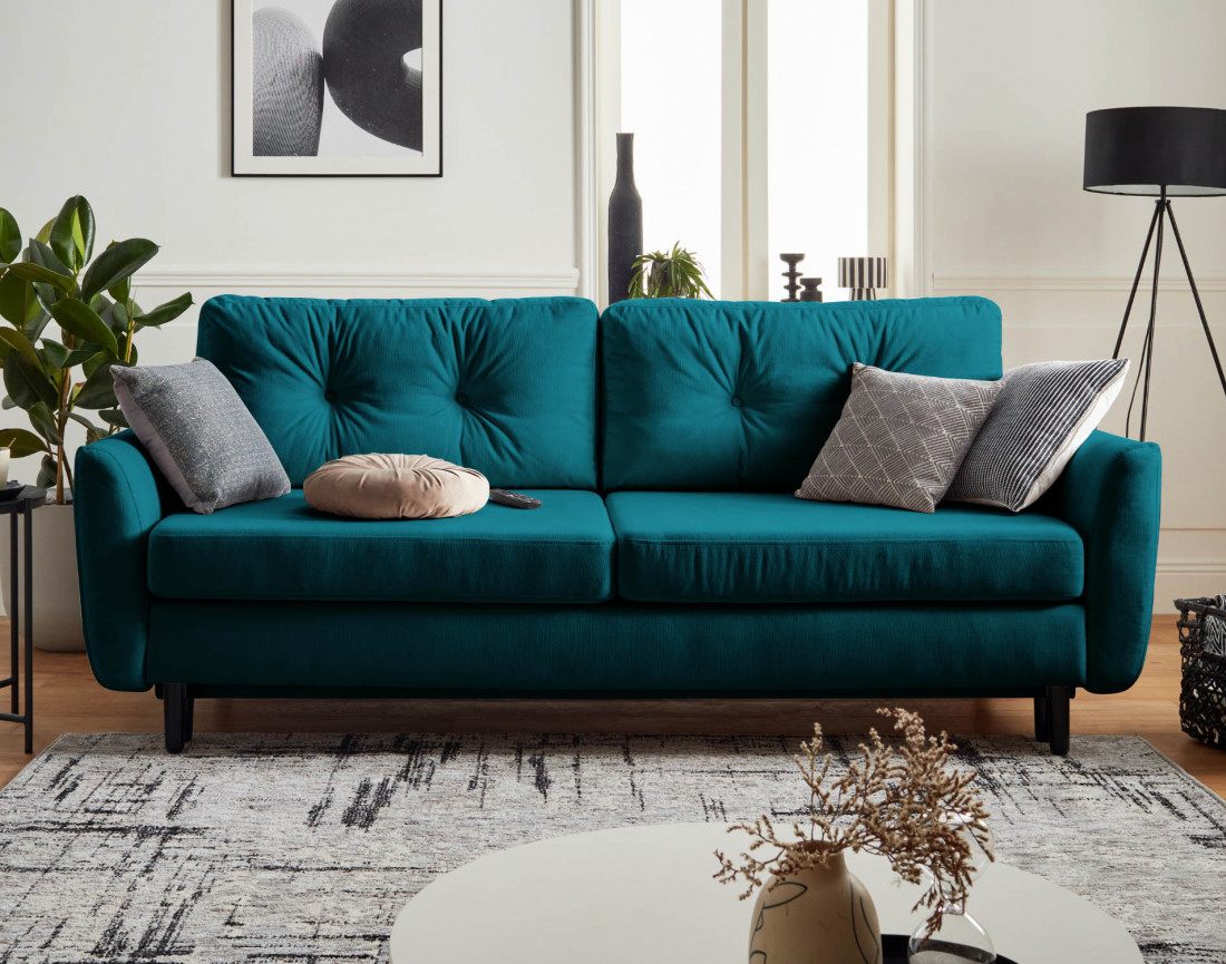 Canapé droit 3 places convertible avec coffre de rangement en velours Nils