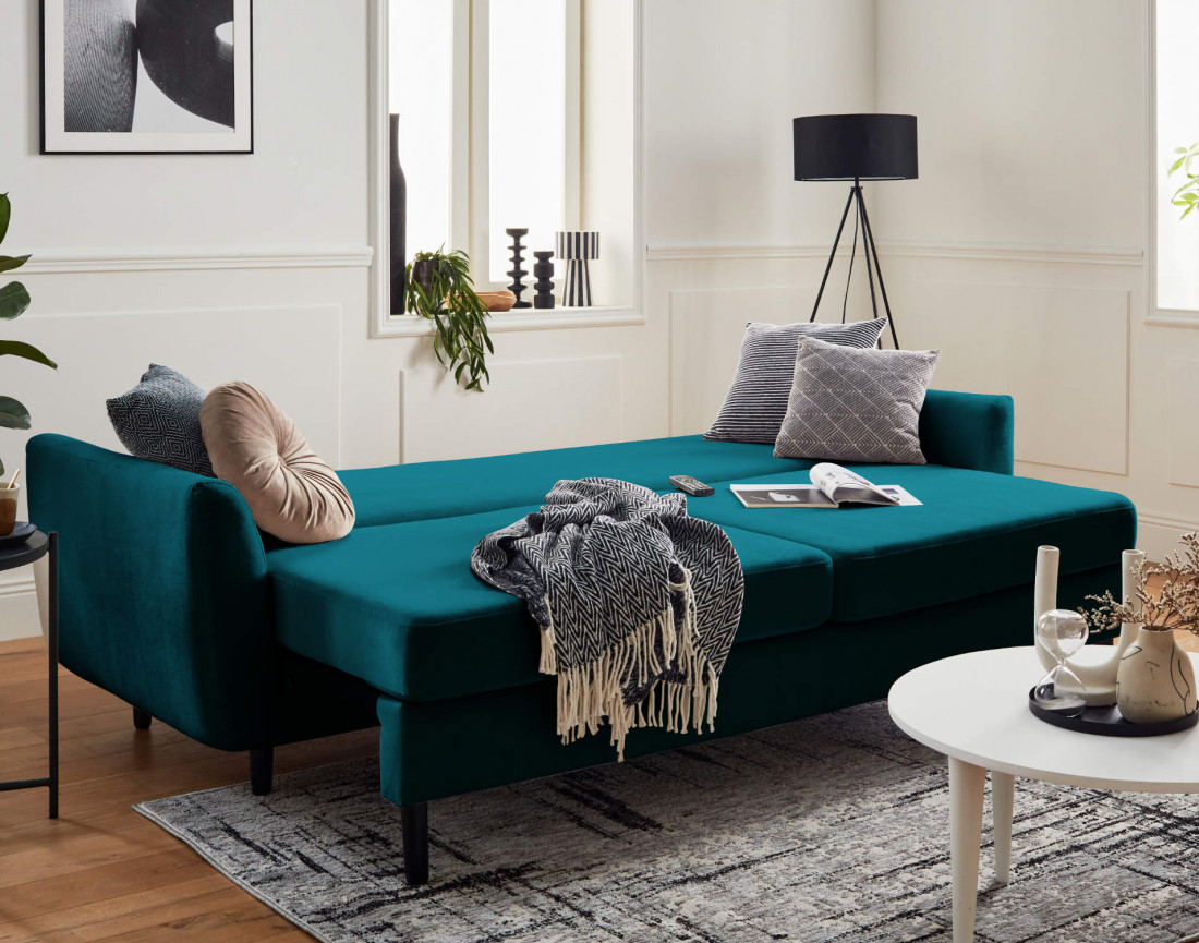 Canapé droit 3 places convertible avec coffre de rangement en velours Nils