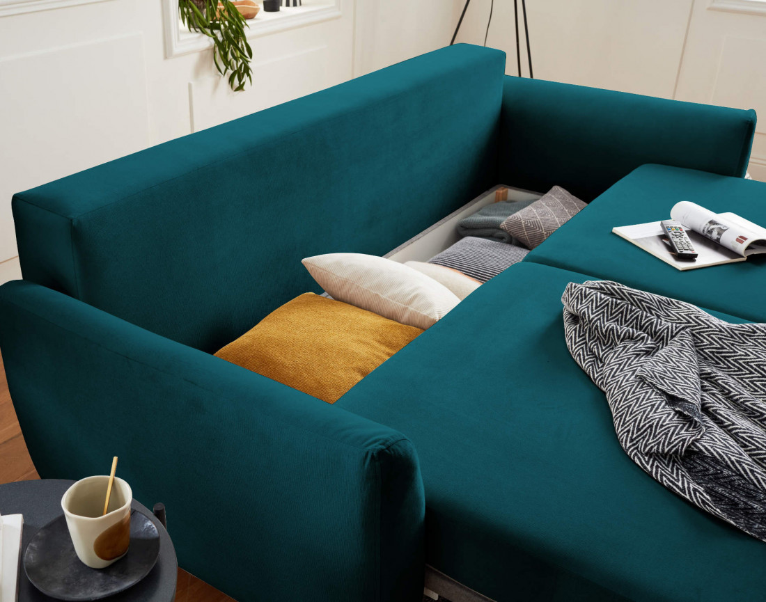 Canapé droit 3 places convertible avec coffre de rangement en velours Nils