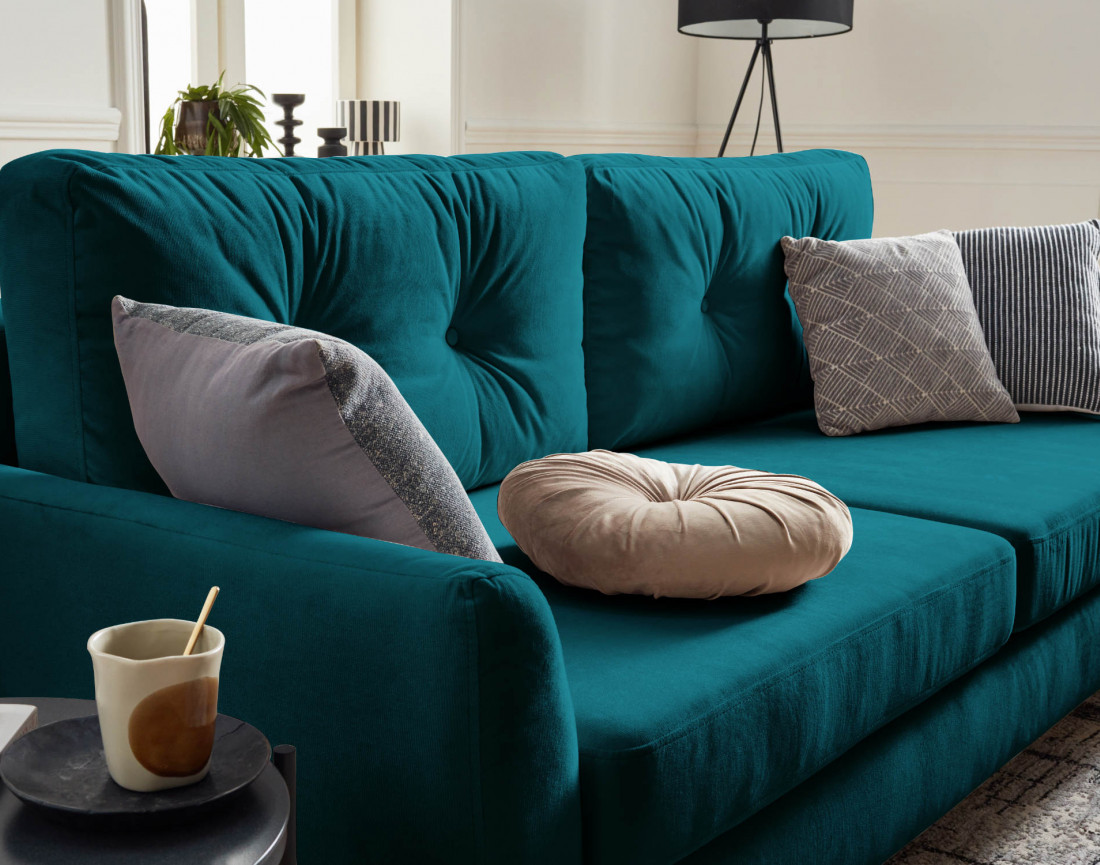 Canapé droit 3 places convertible avec coffre de rangement en velours Nils