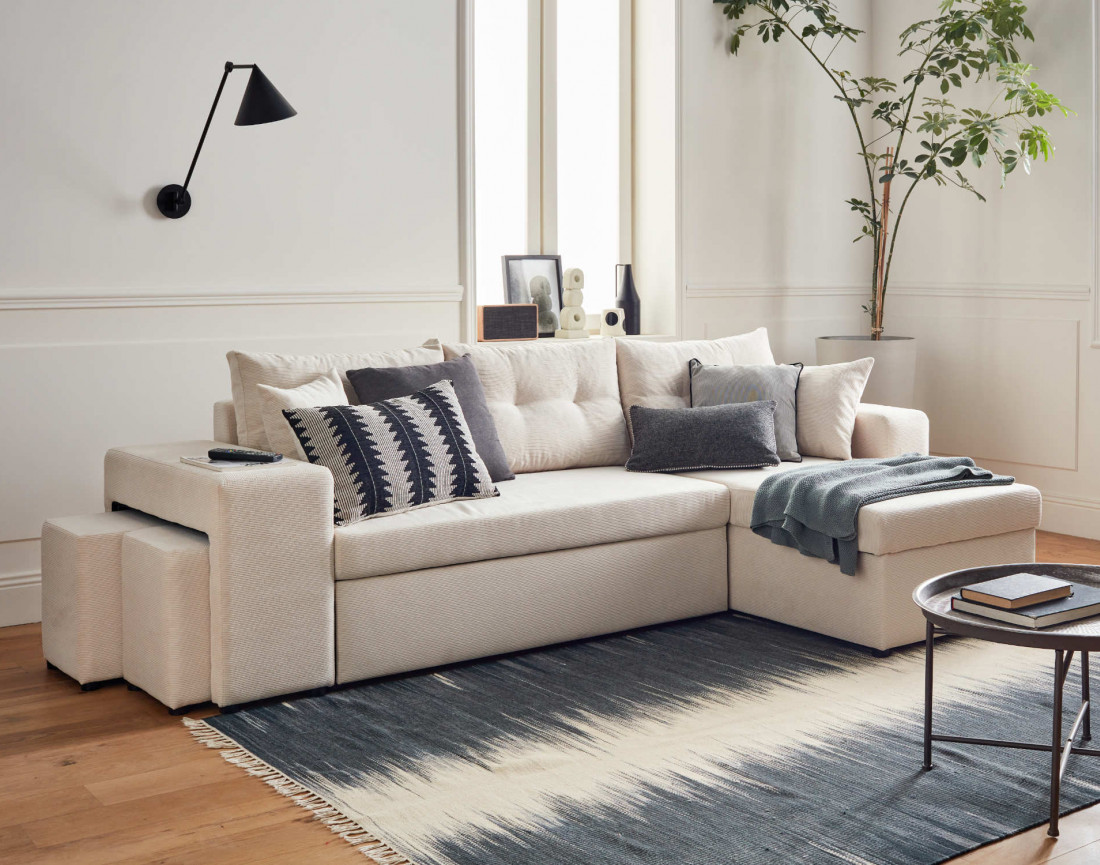 California - canapé d'angle réversible convertible 4 places avec poufs, coffre et tablette de rangement en velours côtelé