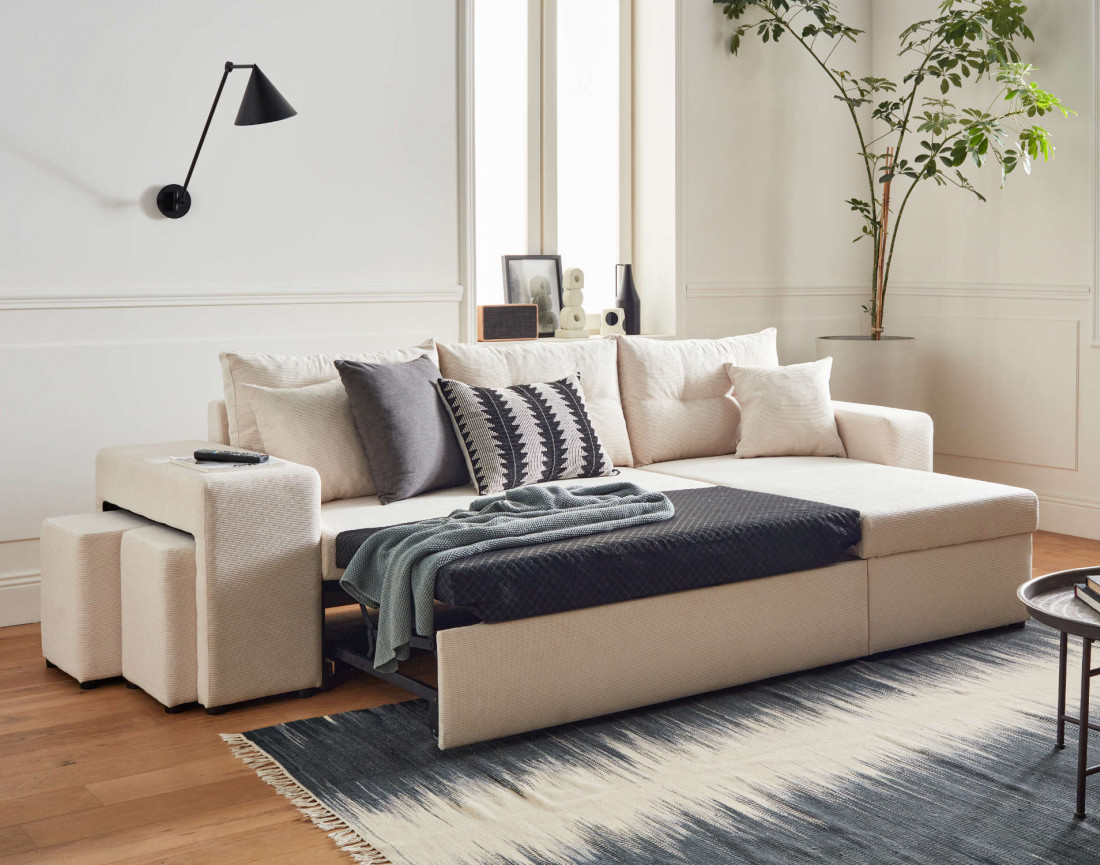 California - canapé d'angle réversible convertible 4 places avec poufs, coffre et tablette de rangement en velours côtelé