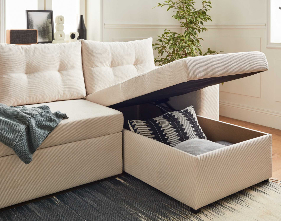 California - canapé d'angle réversible convertible 4 places avec poufs, coffre et tablette de rangement en velours côtelé