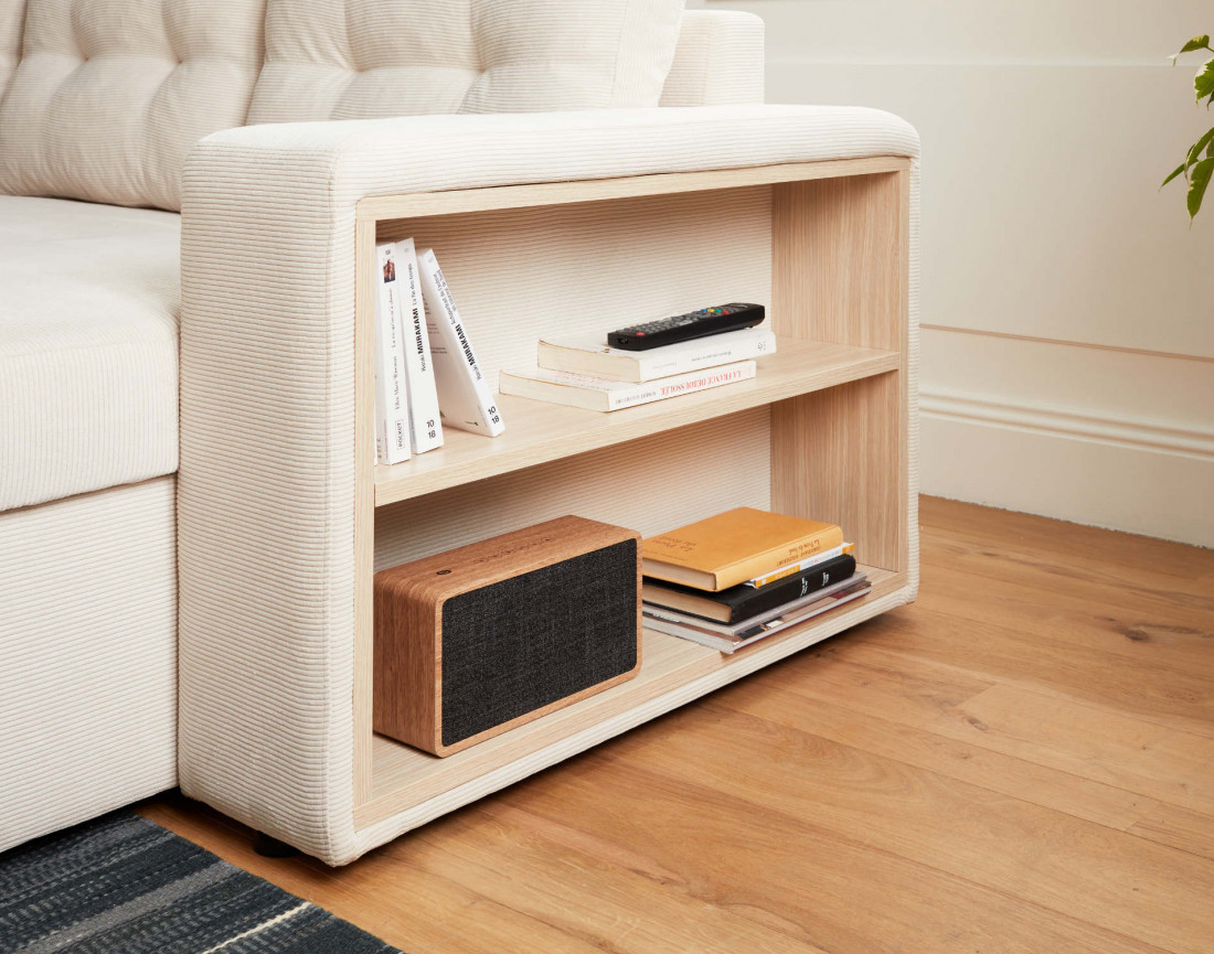 California - canapé d'angle réversible convertible 4 places avec poufs, coffre et tablette de rangement en velours côtelé