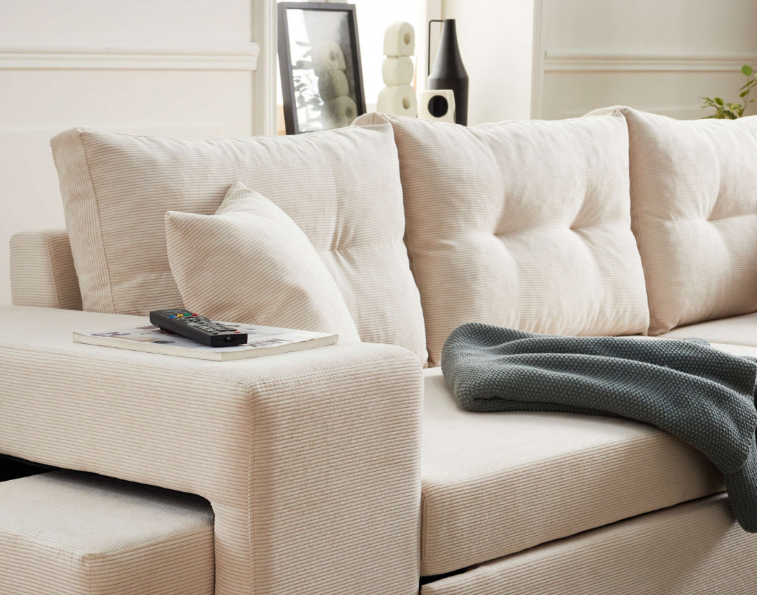 California - canapé d'angle réversible convertible 4 places avec poufs, coffre et tablette de rangement en velours côtelé