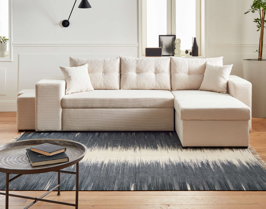 California - canapé d'angle réversible convertible 4 places avec poufs, coffre et tablette de rangement en velours côtelé