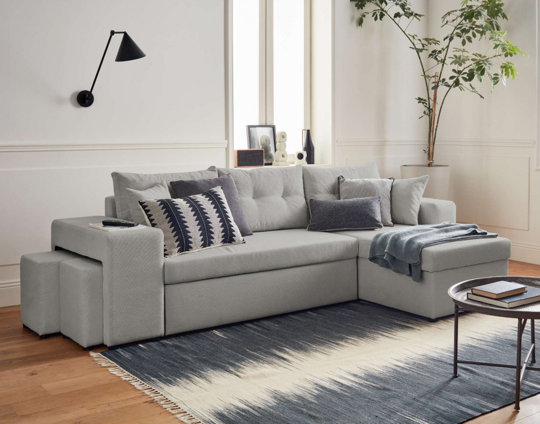 California - canapé d'angle réversible convertible 4 places avec poufs, coffre et tablette de rangement en velours côtelé