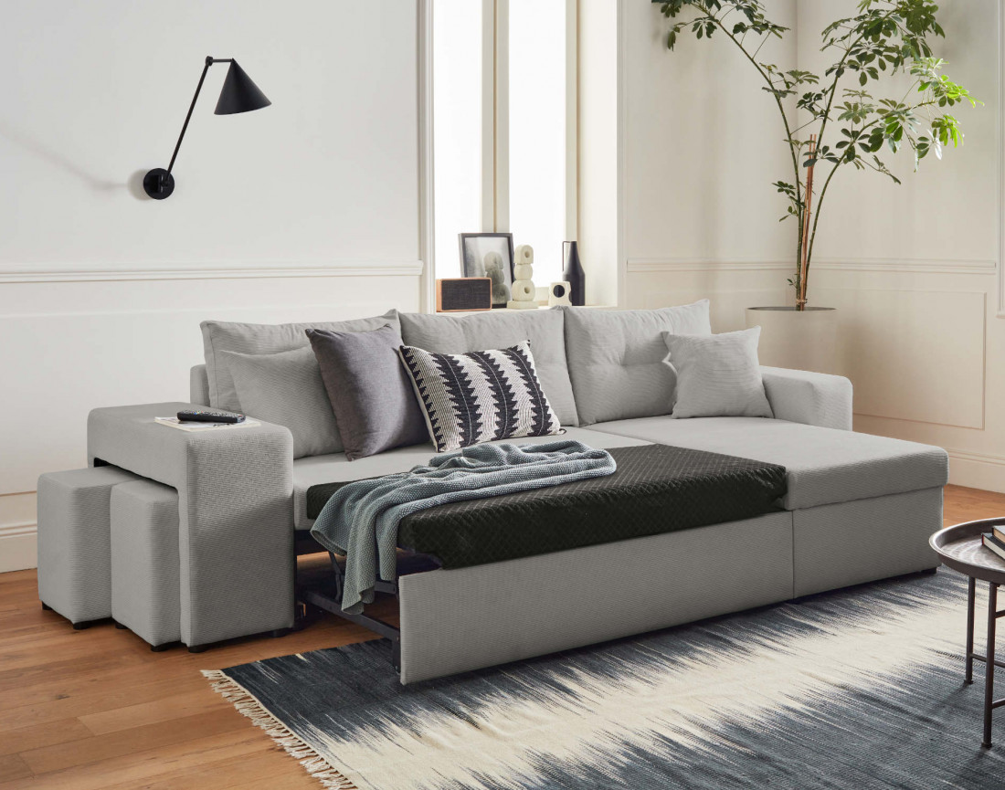 California - canapé d'angle réversible convertible 4 places avec poufs, coffre et tablette de rangement en velours côtelé