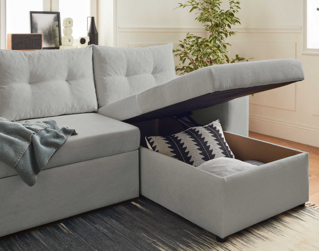 California - canapé d'angle réversible convertible 4 places avec poufs, coffre et tablette de rangement en velours côtelé
