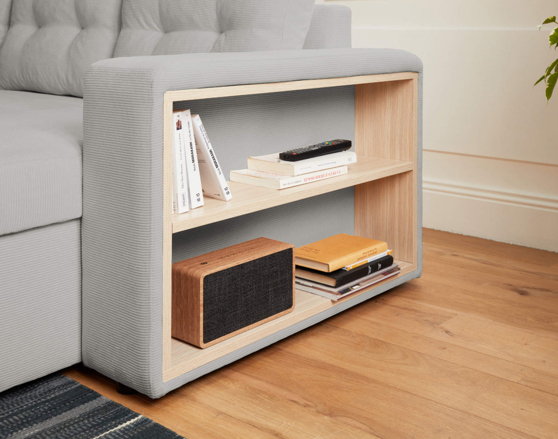 California - canapé d'angle réversible convertible 4 places avec poufs, coffre et tablette de rangement en velours côtelé