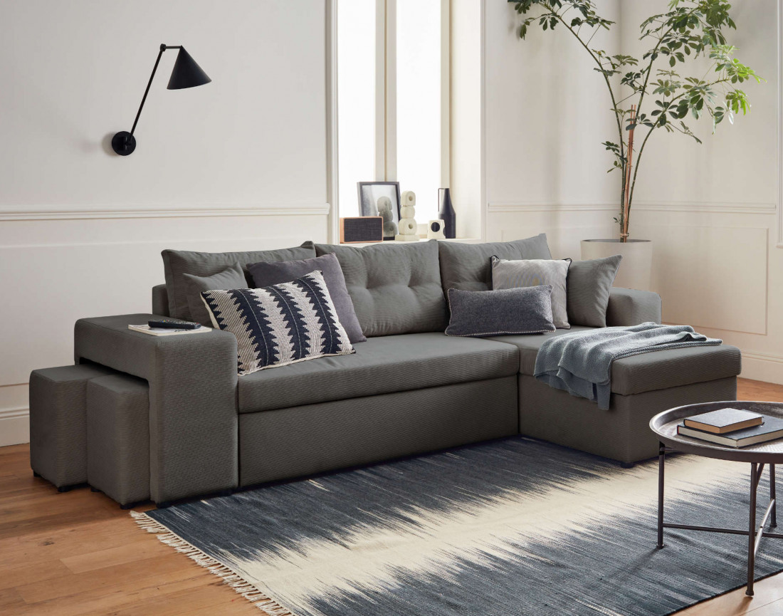 California - canapé d'angle réversible convertible 4 places avec poufs, coffre et tablette de rangement en velours côtelé