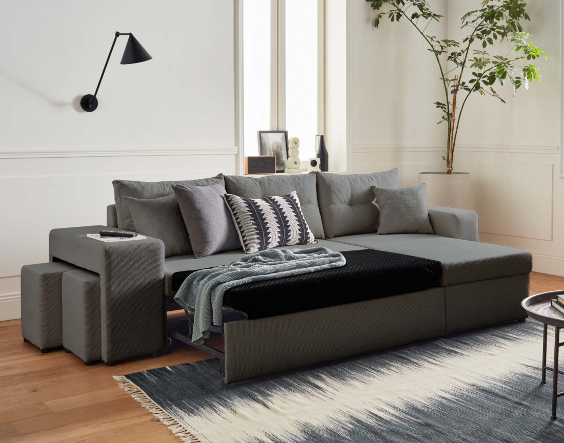 California - canapé d'angle réversible convertible 4 places avec poufs, coffre et tablette de rangement en velours côtelé