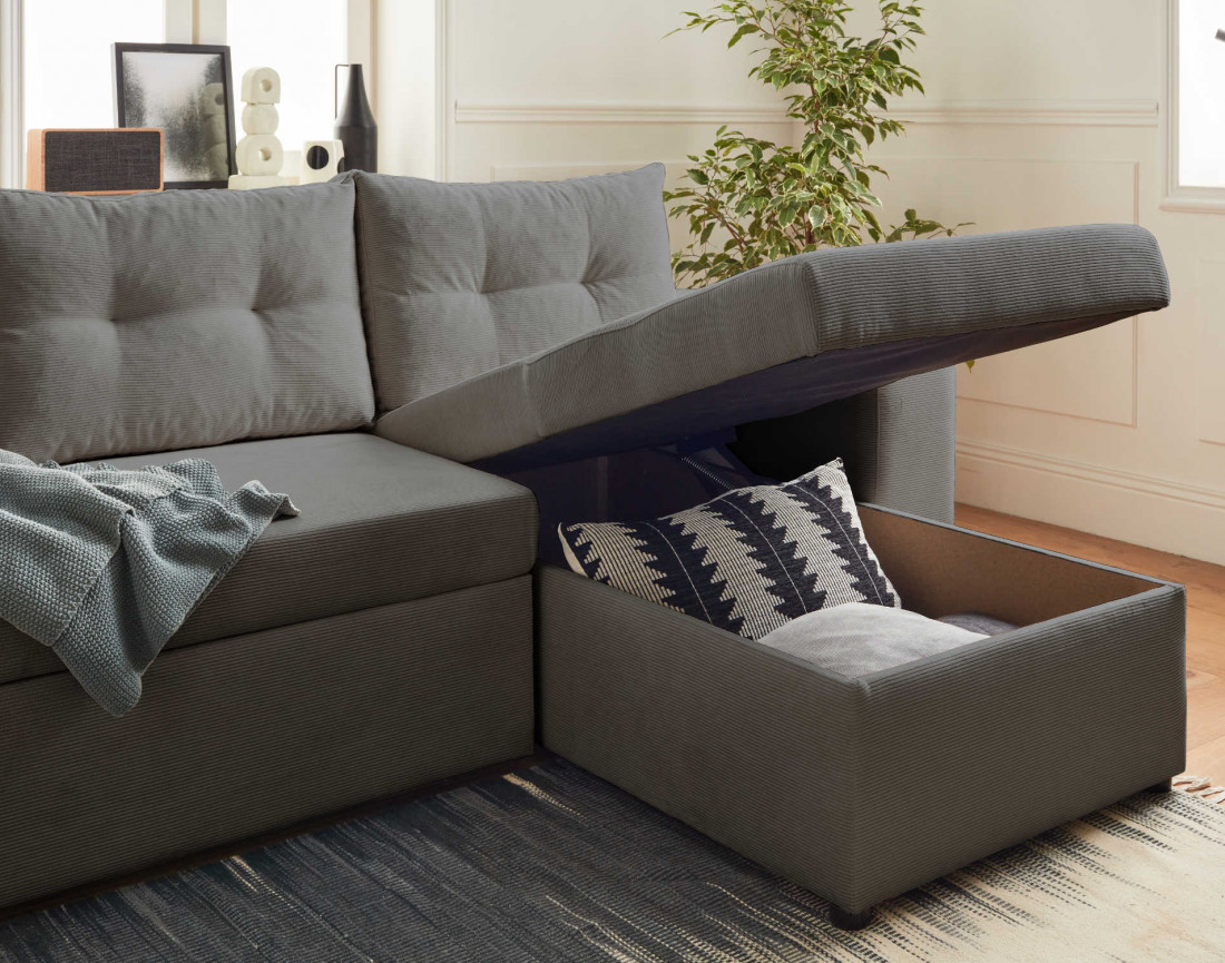 California - canapé d'angle réversible convertible 4 places avec poufs, coffre et tablette de rangement en velours côtelé