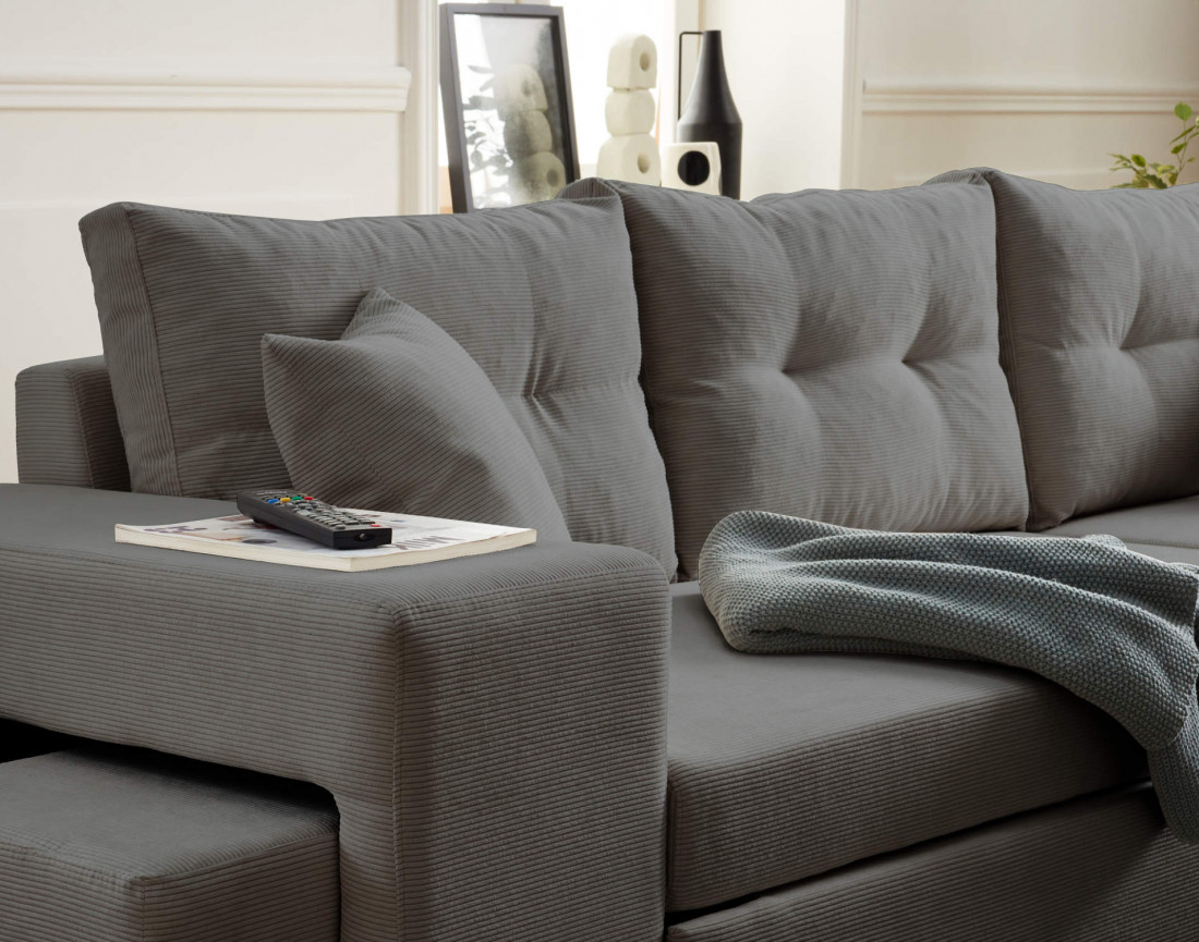 California - canapé d'angle réversible convertible 4 places avec poufs, coffre et tablette de rangement en velours côtelé