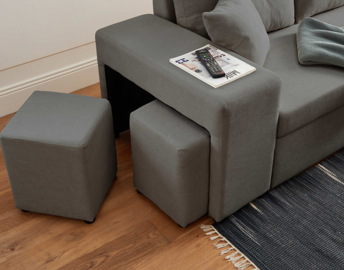 California - canapé d'angle réversible convertible 4 places avec poufs, coffre et tablette de rangement en velours côtelé