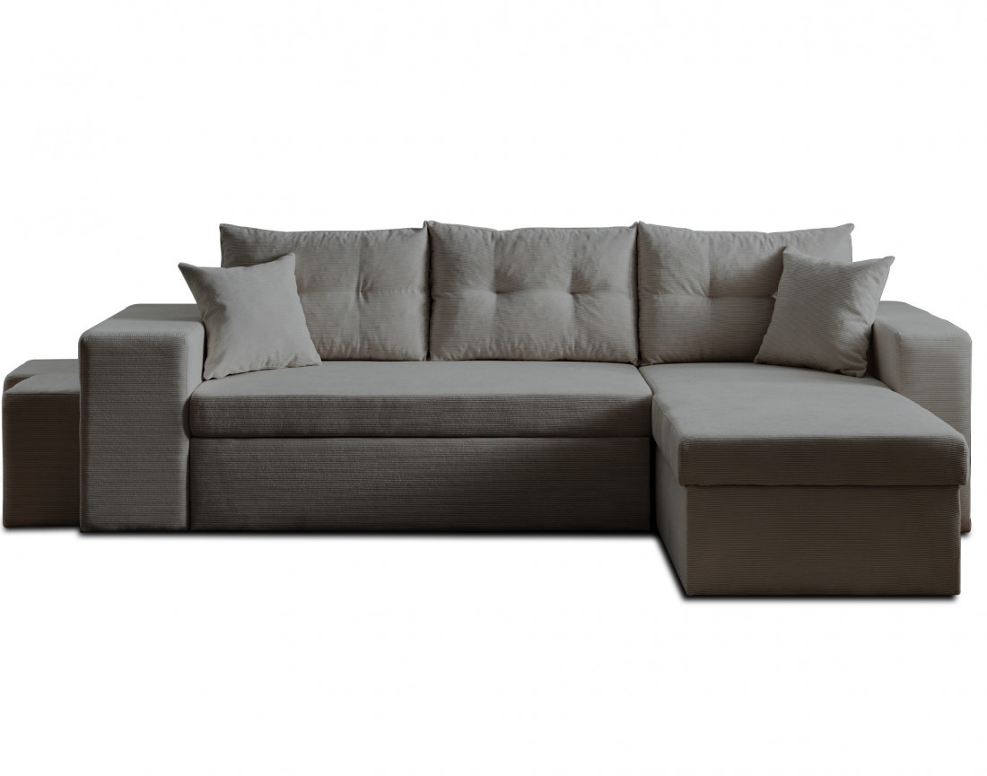 California - canapé d'angle réversible convertible 4 places avec poufs, coffre et tablette de rangement en velours côtelé