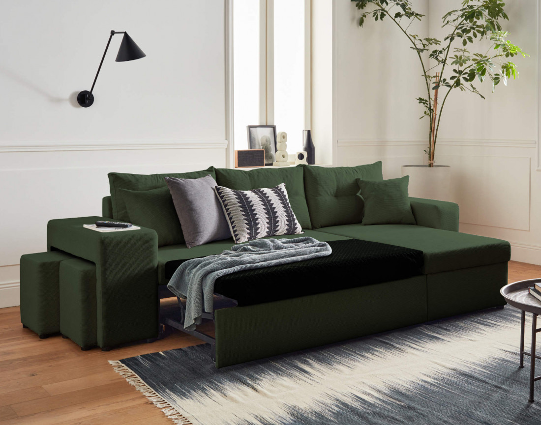 California - canapé d'angle réversible convertible 4 places avec poufs, coffre et tablette de rangement en velours côtelé