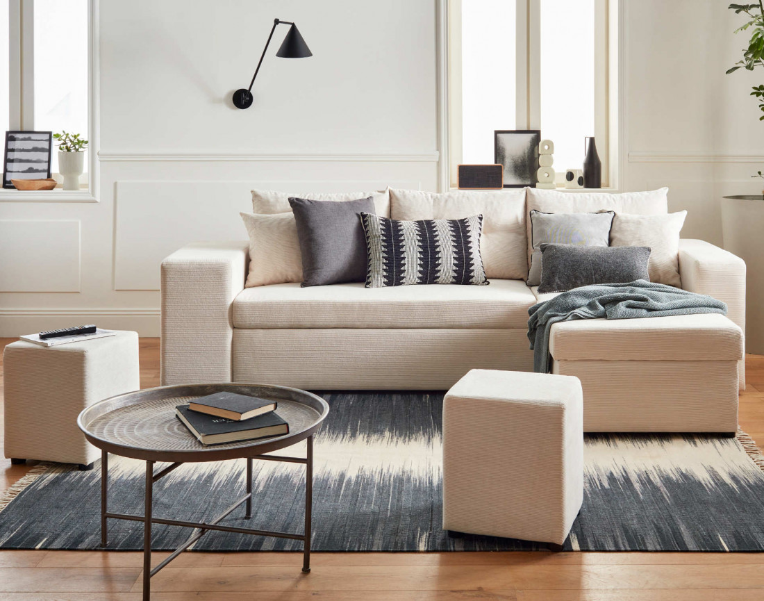 California - canapé d'angle réversible convertible 4 places avec poufs, coffre et tablette de rangement en velours côtelé