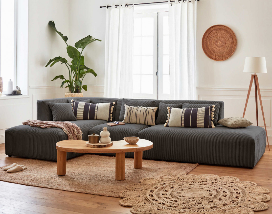 Canapé modulable d'angle gauche 5 places en velours côtelé Victoire