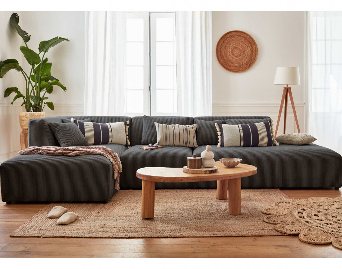 Canapé modulable d'angle gauche 5 places en velours côtelé Victoire