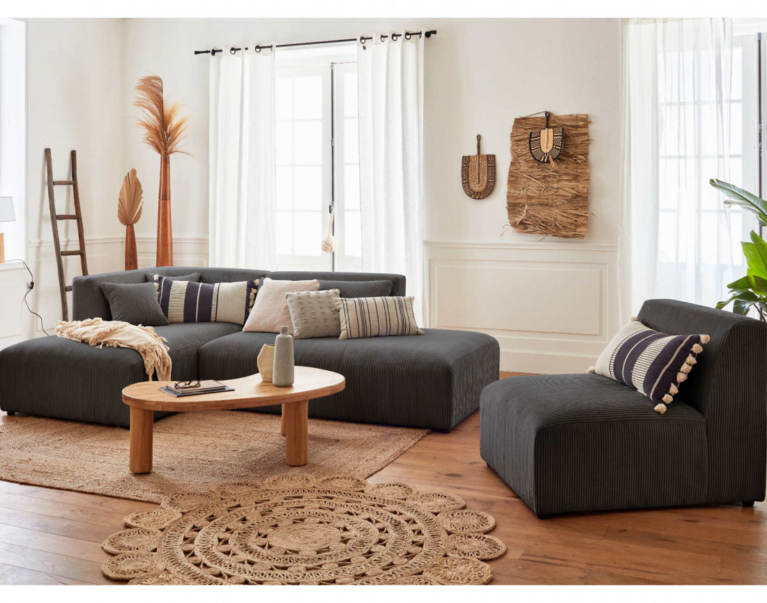 Canapé modulable d'angle gauche 5 places en velours côtelé Victoire