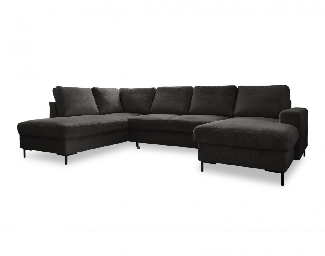 Canapé panoramique d'angle gauche 7 places convertible avec coffre en velours côtelé Lilly