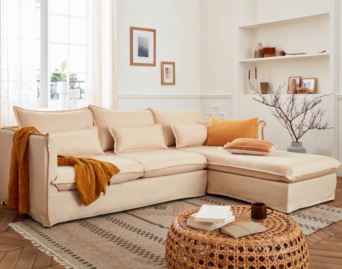 Adriann - canapé d'angle droit fixe 4 places en tissu déhoussable