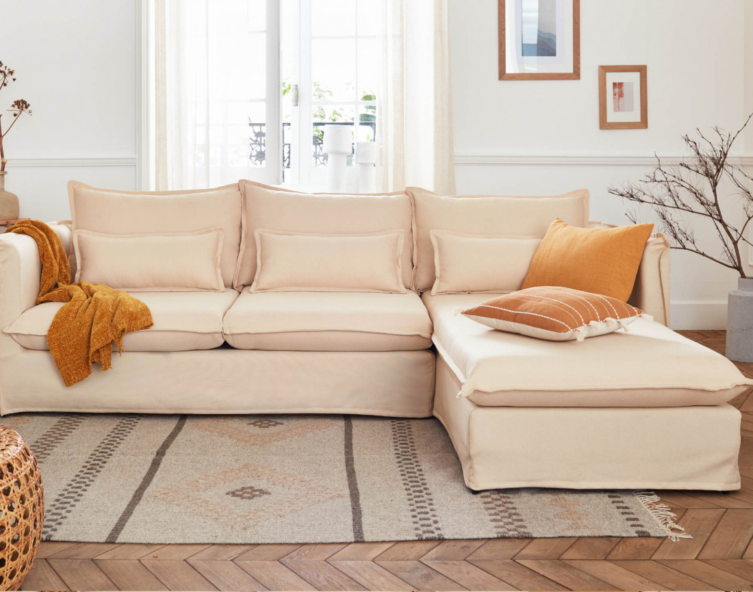 Adriann - canapé d'angle droit fixe 4 places en tissu déhoussable