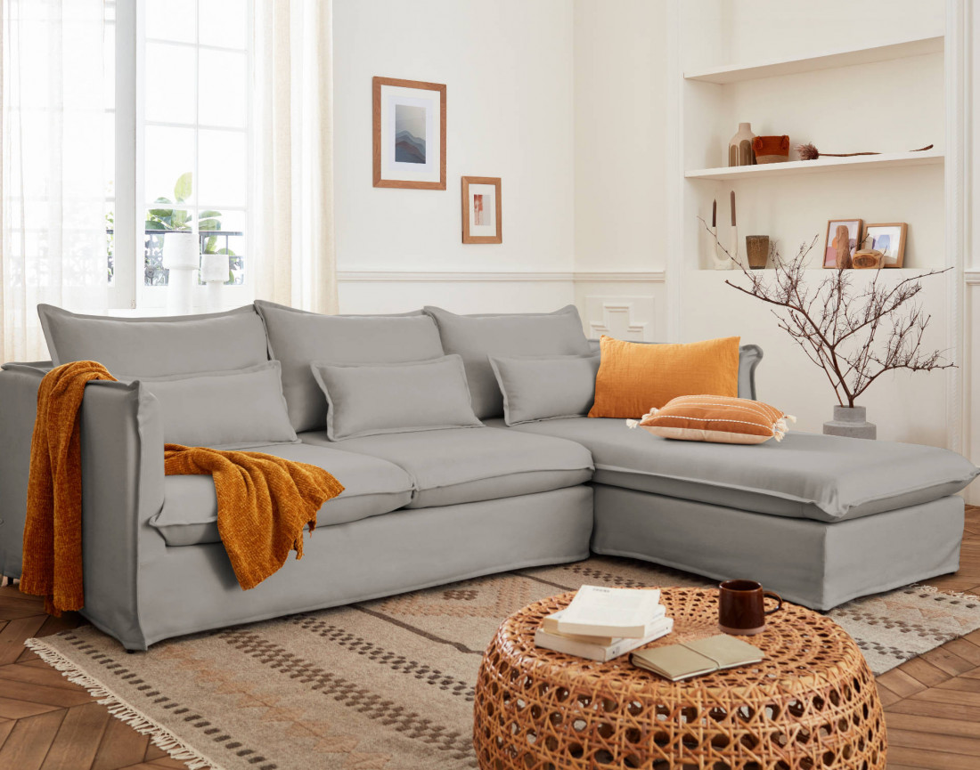 Adriann - canapé d'angle droit fixe 4 places en tissu déhoussable