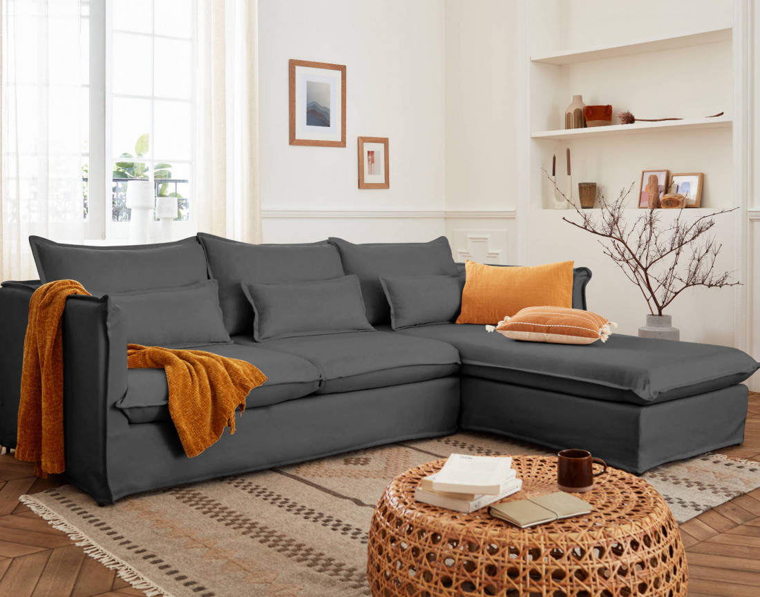 Adriann - canapé d'angle droit fixe 4 places en tissu déhoussable