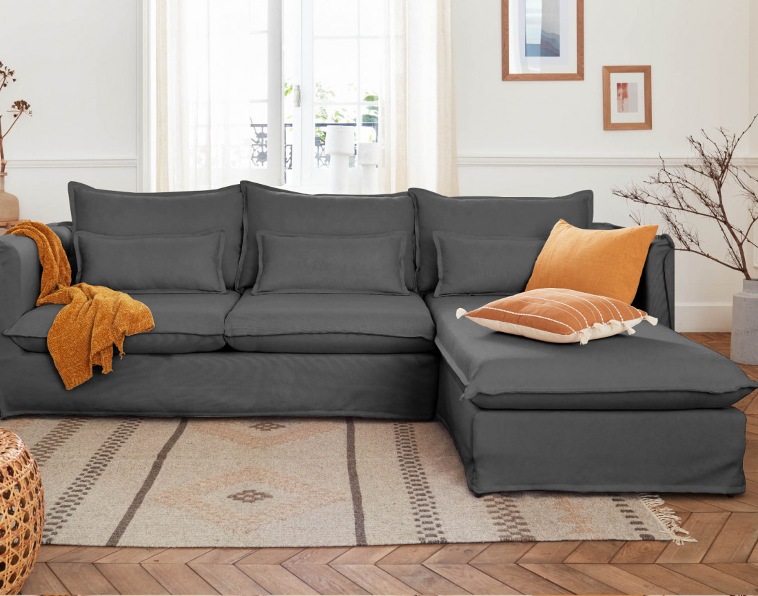 Adriann - canapé d'angle droit fixe 4 places en tissu déhoussable