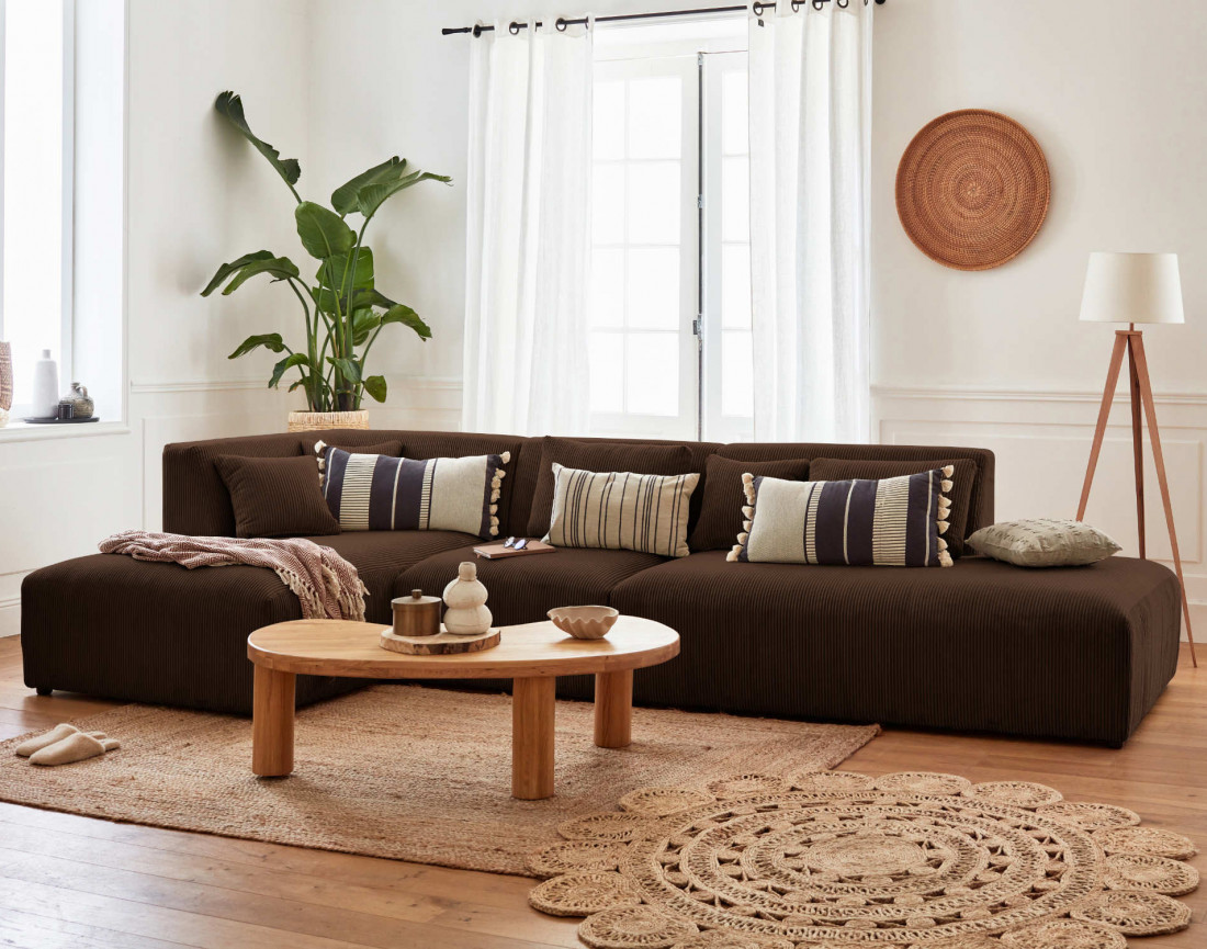 Canapé modulable d'angle gauche 5 places en velours côtelé Victoire