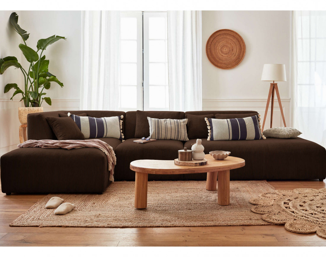 Canapé modulable d'angle gauche 5 places en velours côtelé Victoire