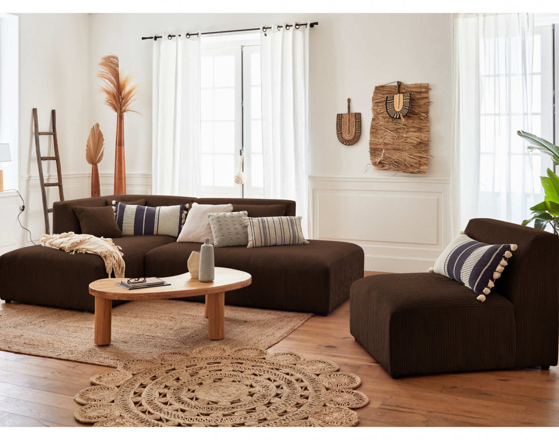 Canapé modulable d'angle gauche 5 places en velours côtelé Victoire