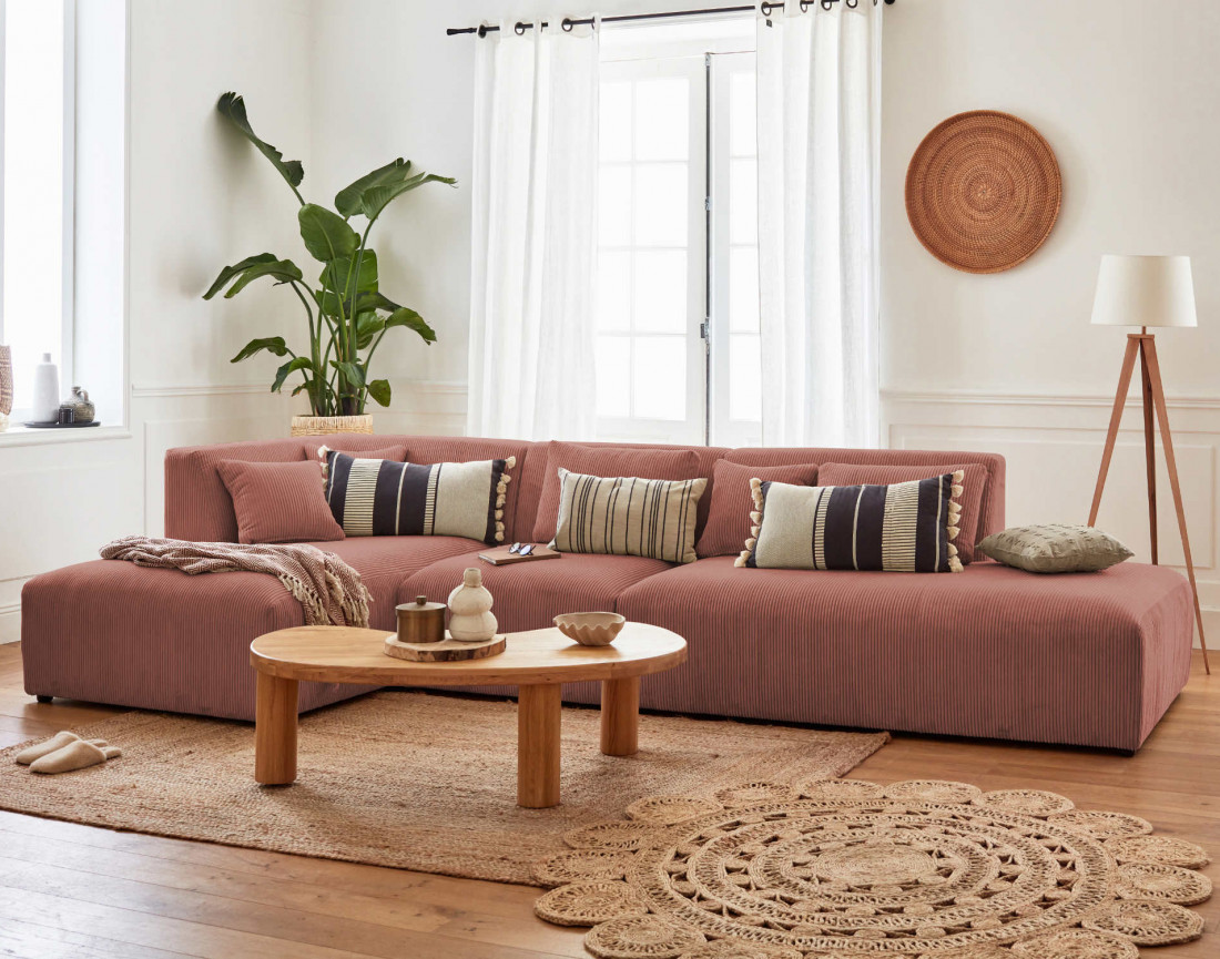 Canapé modulable d'angle gauche 5 places en velours côtelé Victoire