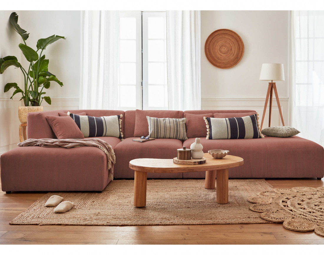 Canapé modulable d'angle gauche 5 places en velours côtelé Victoire