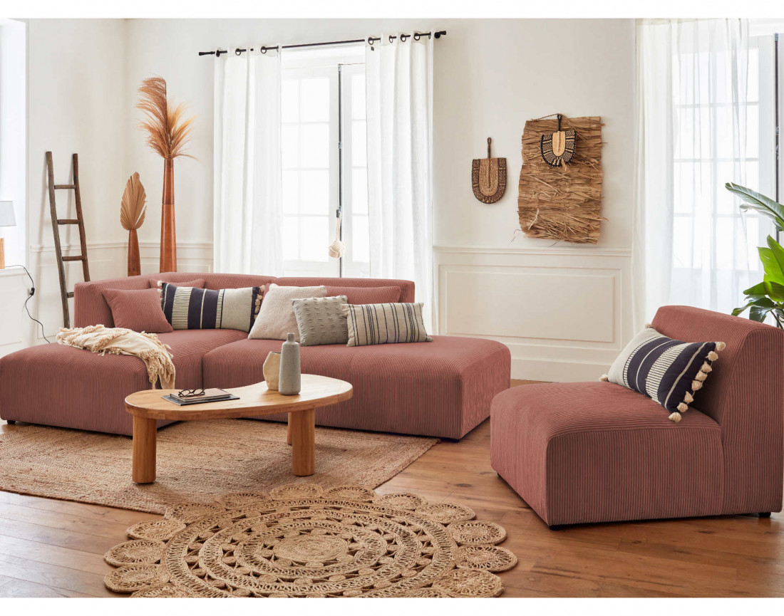 Canapé modulable d'angle gauche 5 places en velours côtelé Victoire