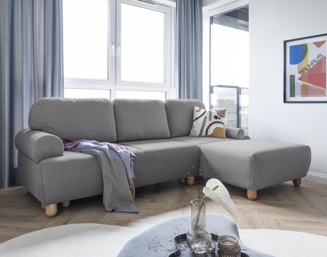 Canapé d'angle droit 4 places convertible avec coffre en tissu Olli