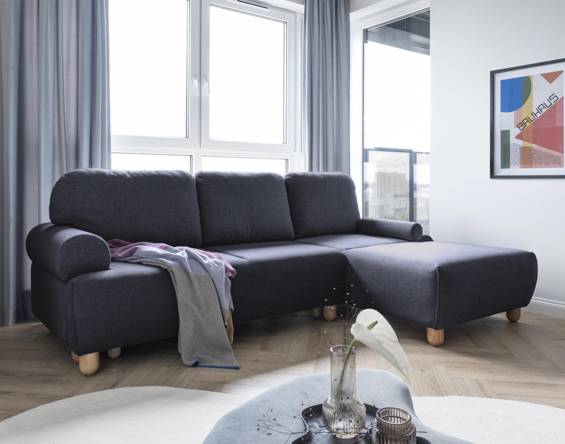 Canapé d'angle droit 4 places convertible avec coffre en tissu Olli