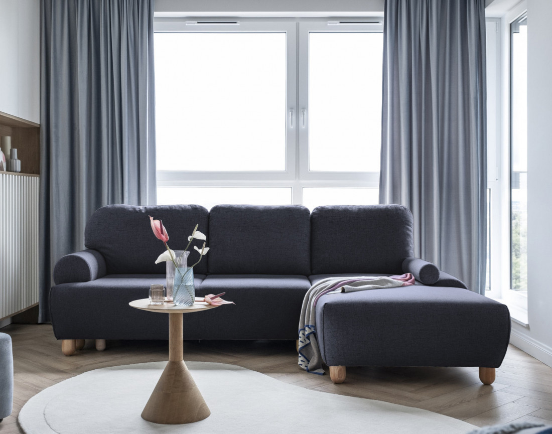 Canapé d'angle droit 4 places convertible avec coffre en tissu Olli