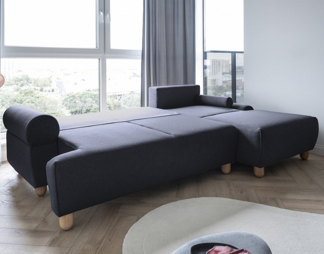 Canapé d'angle droit 4 places convertible avec coffre en tissu Olli