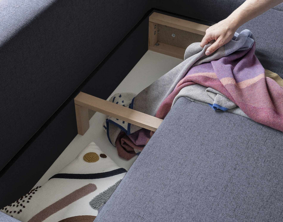 Canapé d'angle droit 4 places convertible avec coffre en tissu Olli