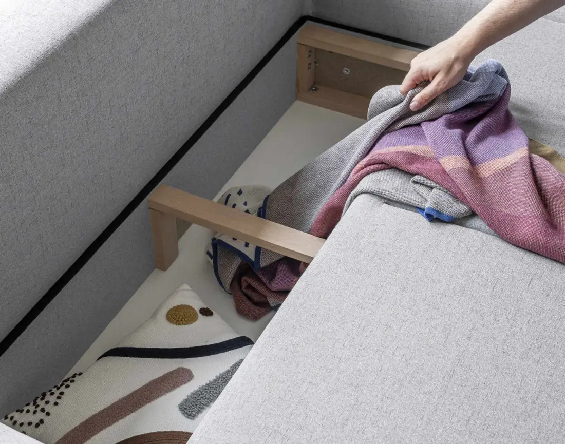 Canapé d'angle droit 4 places convertible avec coffre en tissu Olli