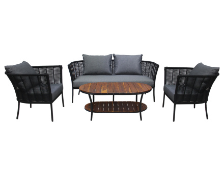 Moana - salon bas de jardin 4 places + table - en corde et bois - coussins gris
