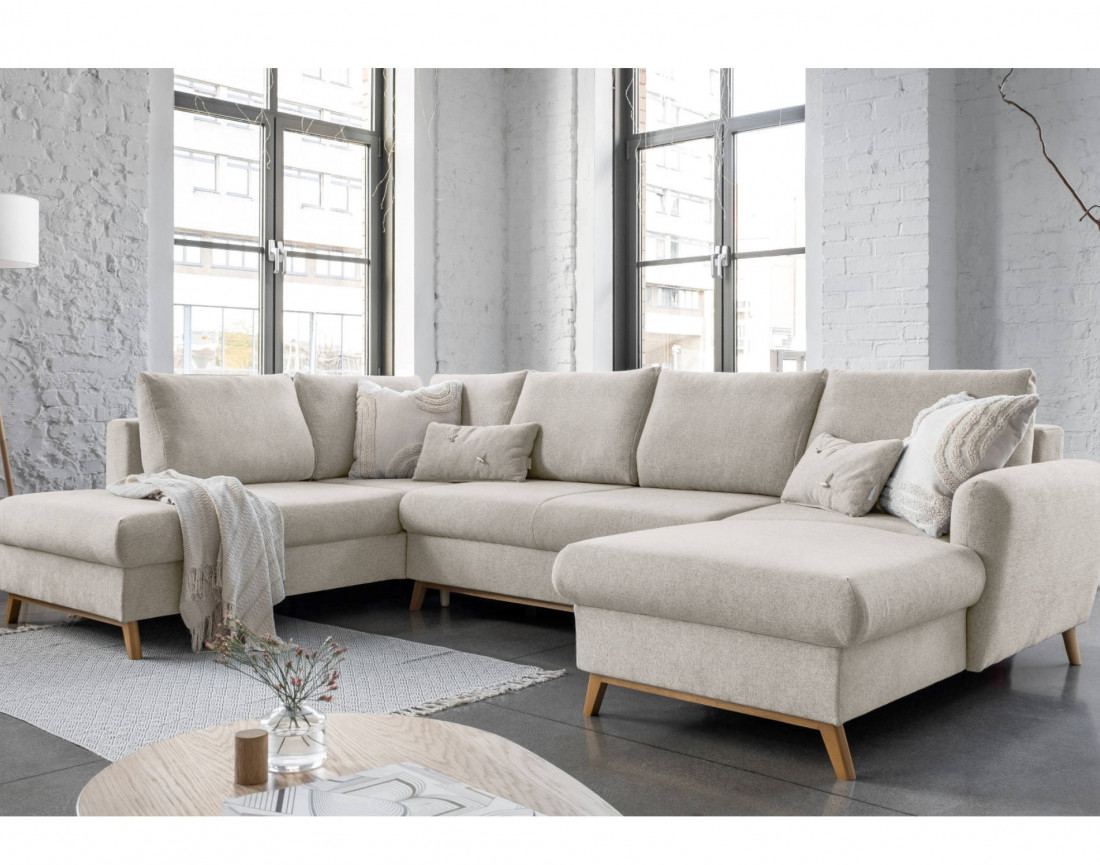 Lagom - canapé d'angle panoramique gauche convertible 7 places avec coffre en tissu - style scandinave