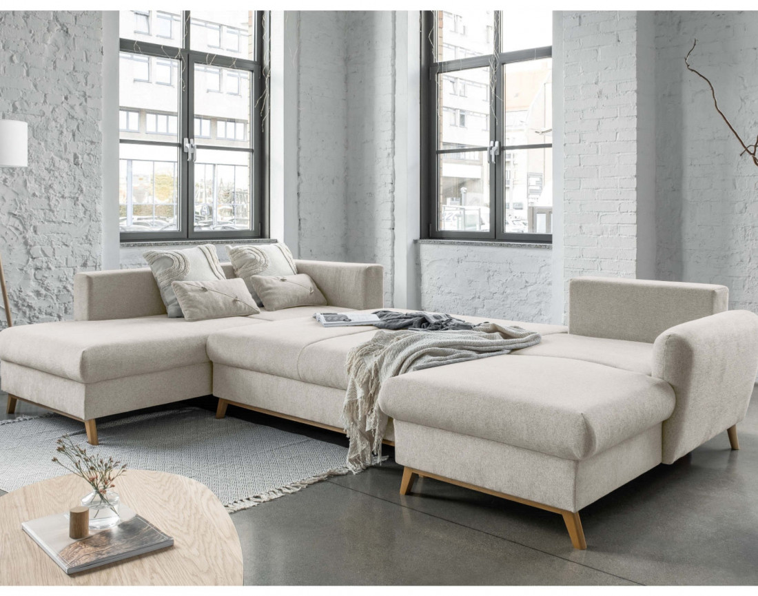 Lagom - canapé d'angle panoramique gauche convertible 7 places avec coffre en tissu - style scandinave